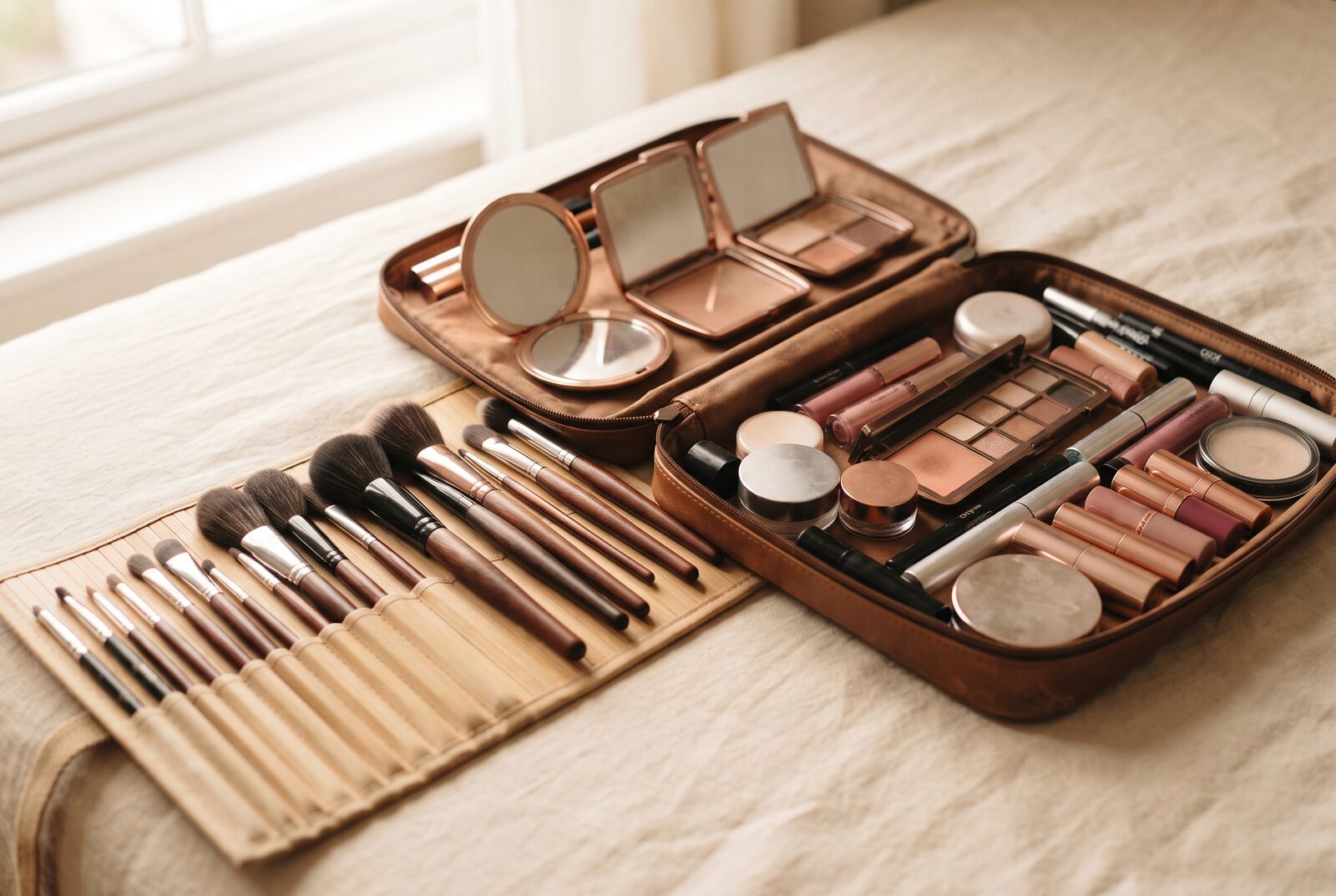 An artist's makeup kit open on a linen surface, brushes and compacts arranged