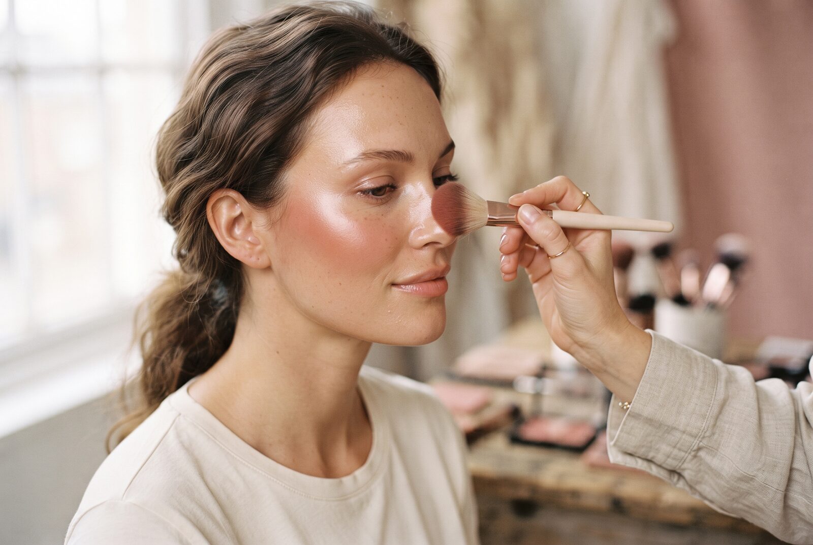 A mobile makeup artist applying blush with a brush, working on-location